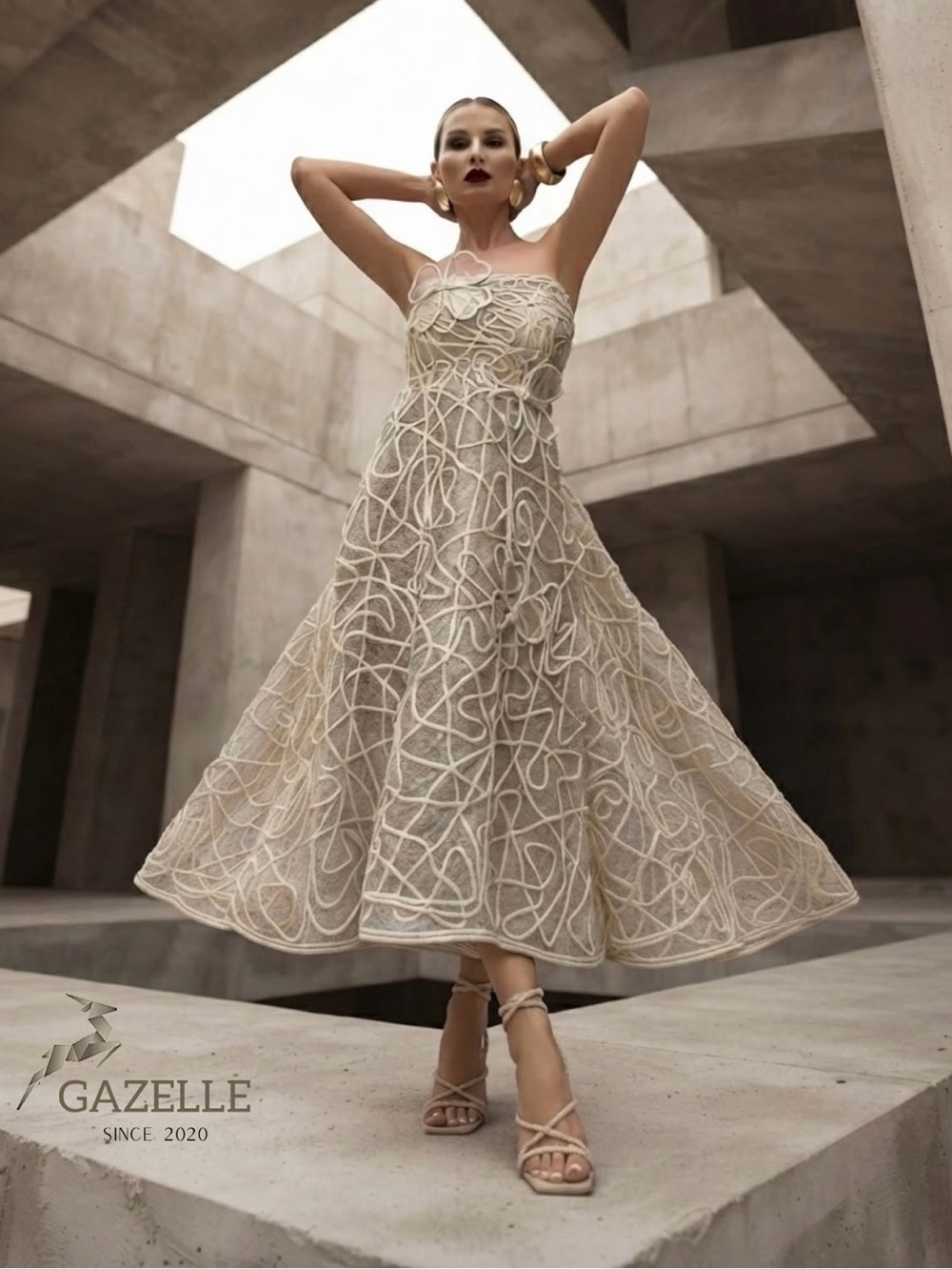 Gazelle Cream Strapless Embroidered Midi Dress